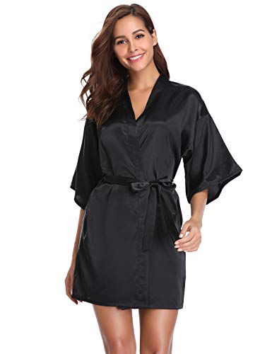 Vlazom Kimono Robe Damen Morgenmantel Kurzer Satin Bademantel Mit Gürtel V-Ausschnitt Kimono(S,Schwarz) von Vlazom