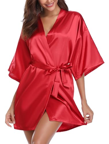 Vlazom Kimono Robe Damen Morgenmantel Kurzer Satin Bademantel Mit Gürtel V-Ausschnitt Kimono(XL,Rot) von Vlazom