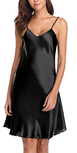 Vlazom Damen Nachthemd Satin Sexy Negligee Unterkleid mit Spaghettiträger V Ausschnitt Nachtkleid für Frauen(M,Stil A-Schwarz) von Vlazom