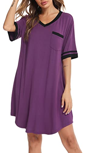 Vlazom Nachthemd Damen Kurzarm Nachtwäsche Weich Nachtkleid Große Größen Schlafshirt Sommer Sleepshirt(XL,Violett) von Vlazom