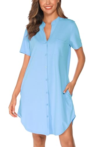 Vlazom Damen Nachthemd V-Ausschnitt Kurzarm Schlafkleid Sommer Schlafhemdmit Knöpfe und Seitentaschen（L，Stil B-Himmelblau） von Vlazom