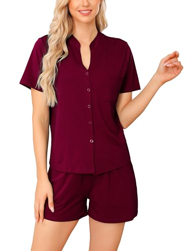 Vlazom Damen Pyjama Schlafanzug Kurz Baumwolle Sommer Nachtwäsche V Aussschnitt mit Knöpfe und Taschen（L,Rot） von Vlazom