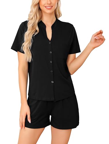 Vlazom Damen Pyjama Schlafanzug Kurz Baumwolle Sommer Nachtwäsche V Aussschnitt mit Knöpfe und Taschen（L,Schwarz） von Vlazom