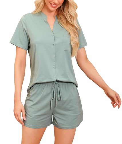 Vlazom Damen Pyjama Schlafanzug Kurz Baumwolle Sommer Nachtwäsche V Aussschnitt mit Knöpfe und Taschen（M,Hell Grün） von Vlazom