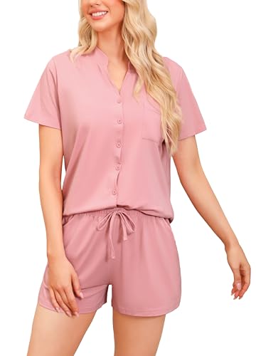 Vlazom Damen Pyjama Schlafanzug Kurz Baumwolle Sommer Nachtwäsche V Aussschnitt mit Knöpfe und Taschen（M,Rosa） von Vlazom