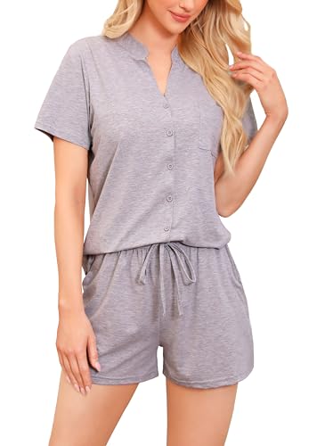 Vlazom Damen Pyjama Schlafanzug Kurz Sommer Baumwolle Nachtwäsche V Aussschnitt mit Knöpfe und Taschen（M,Hell Grau） von Vlazom