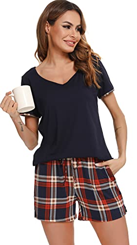 Vlazom Damen Pyjama Schlafanzug Kurz Sommer Pyjama Set Baumwolle Nachtwäsche Kurzarm V Aussschnitt Sleepwear mit Kordelzug & Seitentasche(L,Stil D-Blau) von Vlazom