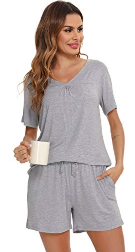 Vlazom Damen Pyjama Schlafanzug Kurz Sommer Pyjama Set Baumwolle Nachtwäsche Kurzarm V Aussschnitt Sleepwear mit Kordelzug & Seitentasche(M,Stil B-Grau) von Vlazom