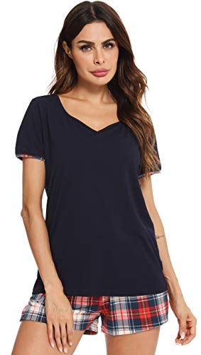 Vlazom Damen Pyjama Schlafanzug Kurz Sommer Pyjama Set Baumwolle Nachtwäsche Kurzarm V Aussschnitt Sleepwear mit Kordelzug & Seitentasche(M,Stil D-Marineblau) von Vlazom