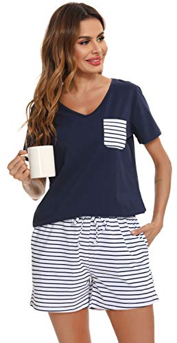 Vlazom Damen Pyjama Schlafanzug Kurz Sommer Pyjama Set Baumwolle Nachtwäsche Kurzarm V Aussschnitt Sleepwear mit Kordelzug & Seitentasche(XXL,Stil A-Dunkelblau) von Vlazom