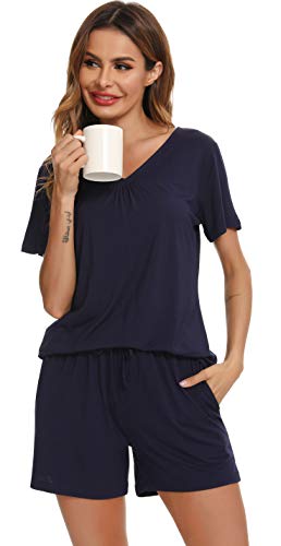 Vlazom Damen Pyjama Schlafanzug Kurz Sommer Pyjama Set Baumwolle Nachtwäsche Kurzarm V Aussschnitt Sleepwear mit Kordelzug & Seitentasche(XXL,Stil B-Marineblau) von Vlazom