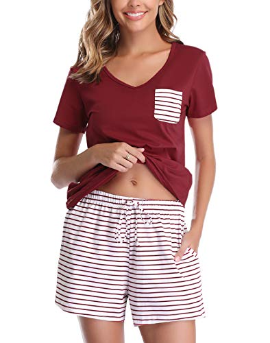 Vlazom Damen Pyjama Schlafanzug Kurz Sommer Pyjama Set Baumwolle Nachtwäsche Kurzarm V Aussschnitt Sleepwear mit Kordelzug & Seitentasche,Dunkelrot,XXL von Vlazom