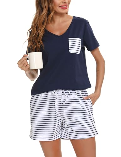 Vlazom Damen Pyjama Schlafanzug Kurz Sommer Pyjama Set Baumwolle Nachtwäsche Kurzarm V Aussschnitt Sleepwear mit Kordelzug & Seitentasche(S,Stil A-Dunkelblau) von Vlazom