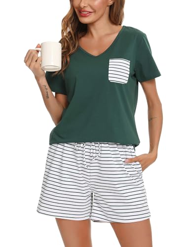 Vlazom Damen Pyjama Schlafanzug Kurz Sommer Pyjama Set Baumwolle Nachtwäsche Kurzarm V Aussschnitt Sleepwear mit Kordelzug & Seitentasche(M,Stil A-Dunkelgrün) von Vlazom