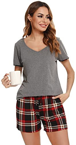 Vlazom Damen Pyjama Schlafanzug Kurz Sommer Pyjama Set Baumwolle Nachtwäsche Kurzarm V Aussschnitt Sleepwear mit Kordelzug & Seitentasche(L,Stil D-Grau) von Vlazom