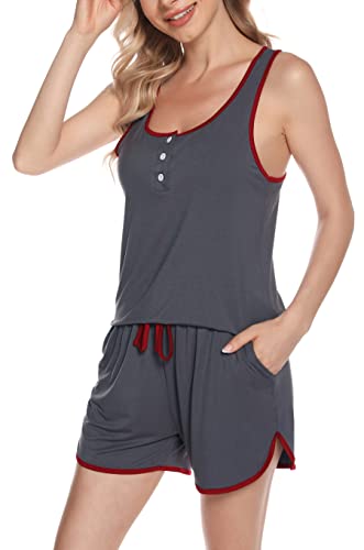 Vlazom Damen Pyjama Set Sommer Schlafanzug V-Ausschnitt Zweiteiliger Schlafanzug für Damen Kurzer Hausanzug(L,Dunkelgrau) von Vlazom