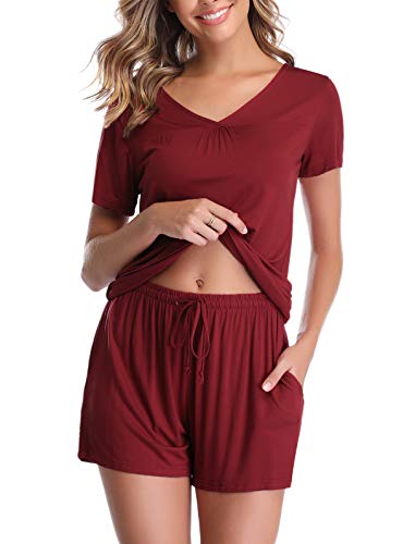 Vlazom Damen Schlafanzug Baumwolle Pyjama Set Weich Sommer Nachtwäsche Kurzarm V Aussschnitt Sleepwear mit Kordelzug, Dunkelrot-stil B, M von Vlazom