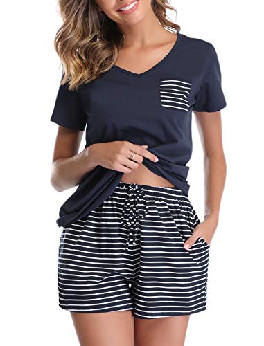 Vlazom Damen Schlafanzug Baumwolle Pyjama Set Weich Sommer Nachtwäsche Kurzarm V Aussschnitt Sleepwear mit Kordelzug, Navyblau, M von Vlazom