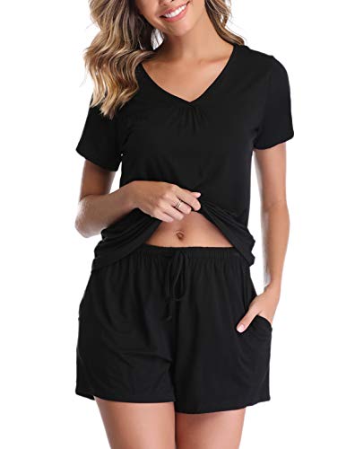 Vlazom Damen Schlafanzug Baumwolle Pyjama Set Weich Sommer Nachtwäsche Kurzarm V Aussschnitt Sleepwear mit Kordelzug, Schwarz-stil B, L von Vlazom