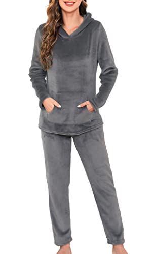 Vlazom Damen Schlafanzug Flanell Hausanzug Winter Pyjama Set Lang Zweiteiliger Schlafanzug（XXL,Dunkelgrau mit Kapuze） von Vlazom