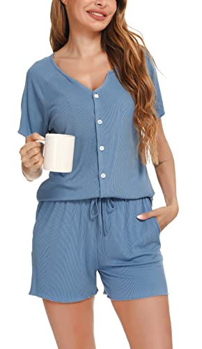 Vlazom Damen Schlafanzug Kurzarm Pyjama Set mit Knöpfe V-Ausschnitt Sleepwear Sommer Nachtwäsche(XXL,Stil B-Kobaltblau) von Vlazom