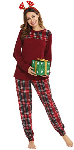 Vlazom Kariertes Pyjama Set Lang Schlafanzug Zweiteiliger Damen Schlafanzug Winter Pyjama mit Rundausschnitt Langarm Pyjama Set(L,Stil 1-Weinrot) von Vlazom