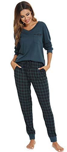 Vlazom Damen Schlafanzug Lang Zweiteiliger Schlafanzug Winter Pyjama Set V-Ausschnitt Langarm Pyjama Set(S,Grün) von Vlazom