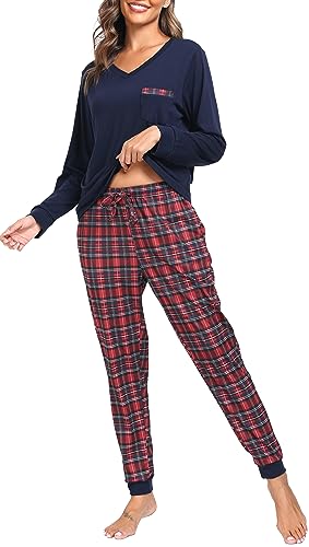 Vlazom Damen Schlafanzug Lang Zweiteiliger Schlafanzug Winter Pyjama Set V-Ausschnitt Langarm Pyjama Set(S,Stil 4-Marineblau von Vlazom