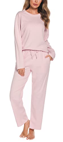 Vlazom Damen Schlafanzug Langarm Winter Pyjama Set Streifen Pyjama Warmer Hauseanzug für Damen(XL,Stil C-Rosa von Vlazom