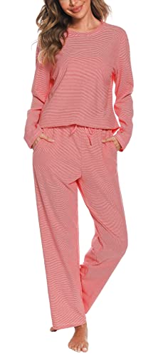 Vlazom Damen Schlafanzug Langarm Winter Pyjama Set Streifen Pyjama Warmer Hauseanzug für Damen(XL,Stil C-Rot von Vlazom