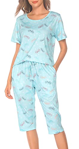 Vlazom Damen Schlafanzug Rundausschnitt Pyjama Set mit 3/4 Hose（S,Schmetterling von Vlazom