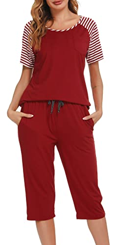 Vlazom Damen Schlafanzug Streifen Pyjama Set Rundausschnitt mit Brusttasche zweiteiliges Kurzarmhemd mit 3/4 Hose(L,Stil A-Weinrot) von Vlazom