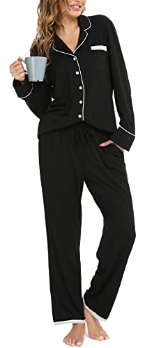 Vlazom Damen Schlafanzug Zweiteiliger Damen Pyjama mit Knopfleiste V-Ausschnitt Pyjama Set für Frauen Umlegekragen Lange Hose mit Gummibund Zweiteiliger Sleepwear(XXL,Schwarz) von Vlazom