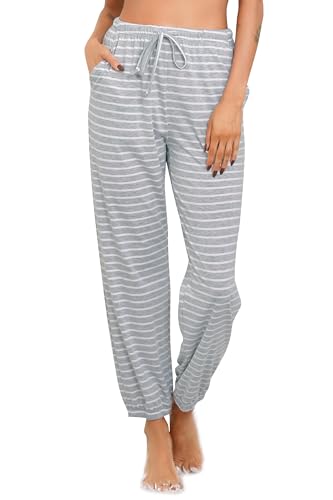 Vlazom Damen Schlafanzughose Lang Baumwolle Gestreifte Weich Pyjamahose Freizeithose Jogginghose Sporthose（M，Grau） von Vlazom