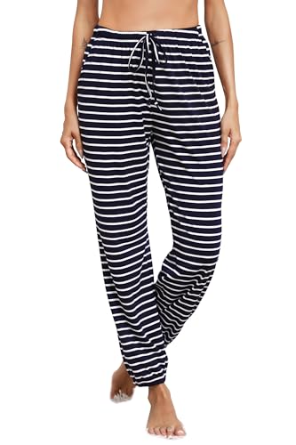 Vlazom Damen Schlafanzughose Lang Baumwolle Gestreifte Weich Pyjamahose Freizeithose Jogginghose Sporthose（M，Marineblau） von Vlazom