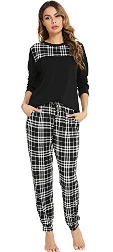 Vlazom Kariertes Pyjama Set Lang Schlafanzug Zweiteiliger Damen Schlafanzug Winter Pyjama mit Rundausschnitt Langarm Pyjama Set(XL,Stil 1-Schwarz) von Vlazom