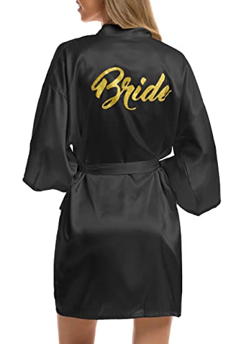 Vlazom Morgenmantel für Hochzeit Satin Kimono Badmantel für Braut&Brautjungfern V-Ausschnitt Damen Robe mit Gürtel（M,Schwarz für Braut） von Vlazom