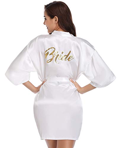 Vlazom Morgenmantel für Hochzeit Satin Kimono Badmantel für Braut&Brautjungfern V-Ausschnitt Damen Robe mit Gürtel(M,Weiß für Braut) von Vlazom