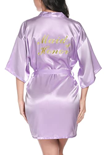 Vlazom Morgenmantel für Hochzeit Satin Kimono Badmantel für Braut&Brautjungfern V-Ausschnitt Damen Robe mit Gürtel(XL,Lila für Maid of Honor) von Vlazom