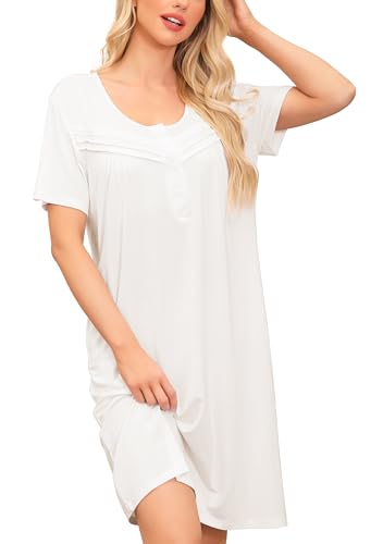 Vlazom Nachthemd Damen U -Ausschcnitt Langarm Weich Schlafkleid Stillnachthemd Sleepwear mit Taschen und Knöpfen（L,Weiß） von Vlazom