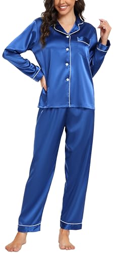 Vlazom Satin Damen Schlafanzug Langarm Pyjama Set mit Knopfleiste Zweiteiliger Hausanzug mit Umlegekragen(L,Blau) von Vlazom