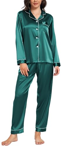 Vlazom Satin Damen Schlafanzug Langarm Pyjama Set mit Knopfleiste Zweiteiliger Hausanzug mit Umlegekragen(L,Dunkelgrün) von Vlazom