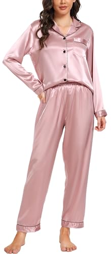 Vlazom Satin Damen Schlafanzug Langarm Pyjama Set mit Knopfleiste Zweiteiliger Hausanzug mit Umlegekragen（M,Rose Pink） von Vlazom