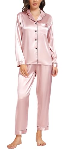 Vlazom Satin Damen Schlafanzug Langarm Pyjama Set mit Knopfleiste Zweiteiliger Hausanzug mit Umlegekragen(XL,Hellrosa) von Vlazom