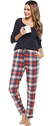 Vlazom Schlafanzug Lang Zweiteiliger Damen Schlafanzug Damen Winter Pyjama mit Karierter Hose Langarm Pyjama Set(S,Stil 2-Blau) von Vlazom
