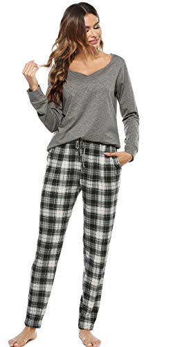 Vlazom Schlafanzug Lang Zweiteiliger Damen Schlafanzug Damen Winter Pyjama mit Karierter Hose Langarm Pyjama Set(XXL,Stil 2-Schwarz) von Vlazom