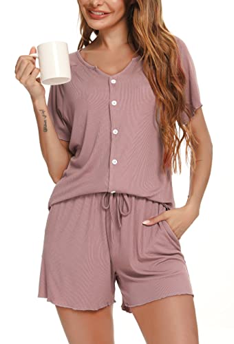 Vlazom Damen Schlafanzug Kurzarm Pyjama Set mit Knöpfe V-Ausschnitt Sleepwear Sommer Nachtwäsche(XL,Stil B-Dunkelpink) von Vlazom