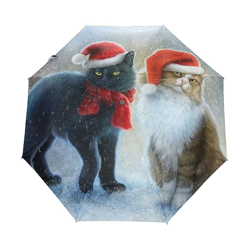 Weihnachtskätzchen Katzen Tiere Winter Regenschirm Taschenschirm Kinder Jungen Mädchen UV-Schutz Auf-Zu Automatik Umbrella Verstärkt Winddichte Zusammenklappbar von Vnurnrn