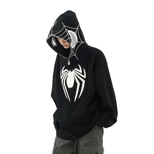 Y2K Zip Up Hoodie Spider Stickerei Vintage Kapuzenjacke - Der Augenbereich ermöglicht den Blick nach draußen. (Black,M) von Vocha