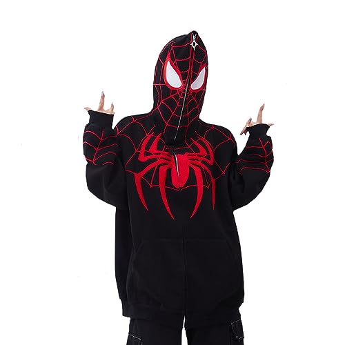 Y2k Zip Up Hoodie Spider Stickerei - Vintage Grunge Sweatjacke Halloween Hunny (Black,M,M) von Vocha